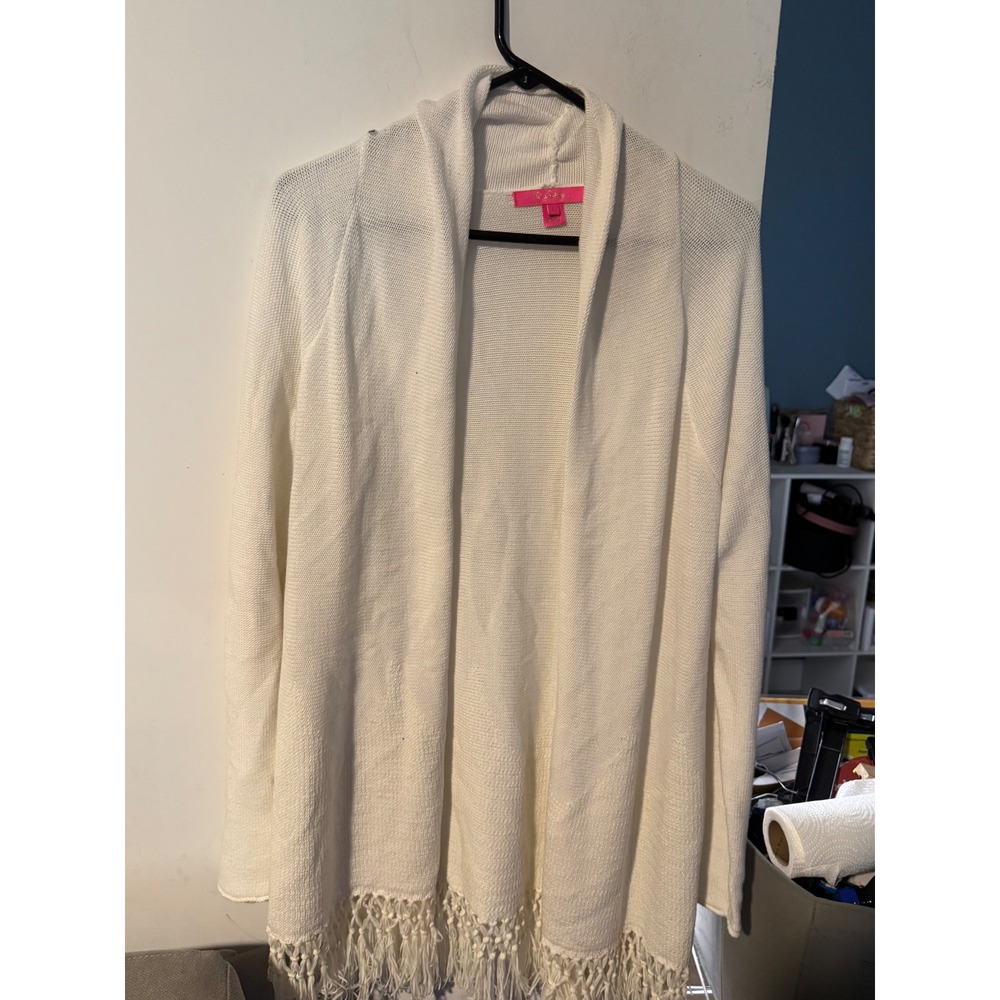 Lilly Pulitzer White Open Front Cardigan Tassel Fringe Shawl Collar Sweater L
